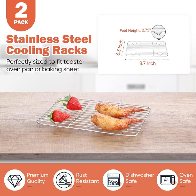 Homikit 2 Pack Cooling Rack for Baking, 8.7 * 6.3 Inch Mini Stainless Steel Metal Roasting Grilling Cooking Racks, Fits Small Toaster Oven, Dishwasher Safe, Heavy duty & Rust Resistant