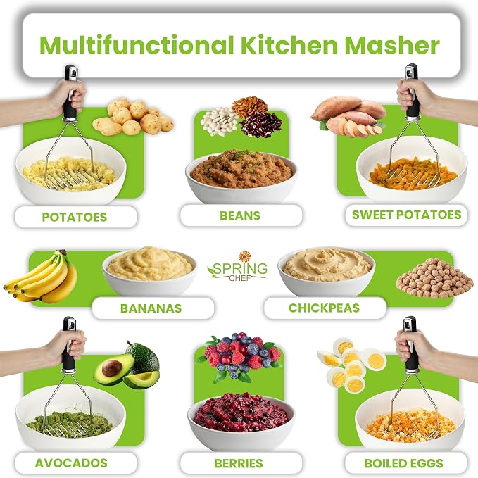 Spring Chef Potato Masher Stainless Steel - Heavy Duty Mashed Potato Masher Kitchen Tool - Fruit & Food Smasher For Avocado, Banana, Eggs - Bean Smasher Tool - Durable Metal Mashing Utensil