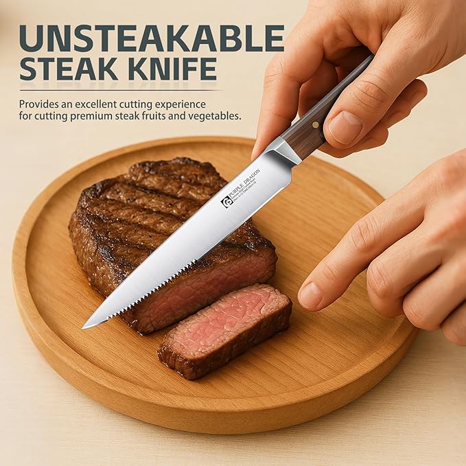 Purple Dragon Serrated Steak Knives Set of 8-4.7 Inch Dinner Knife High Carbon German Steel Steak Knife Set with Square Wooden Handle - Effortless Cutting Christmas Gift for Men and Women