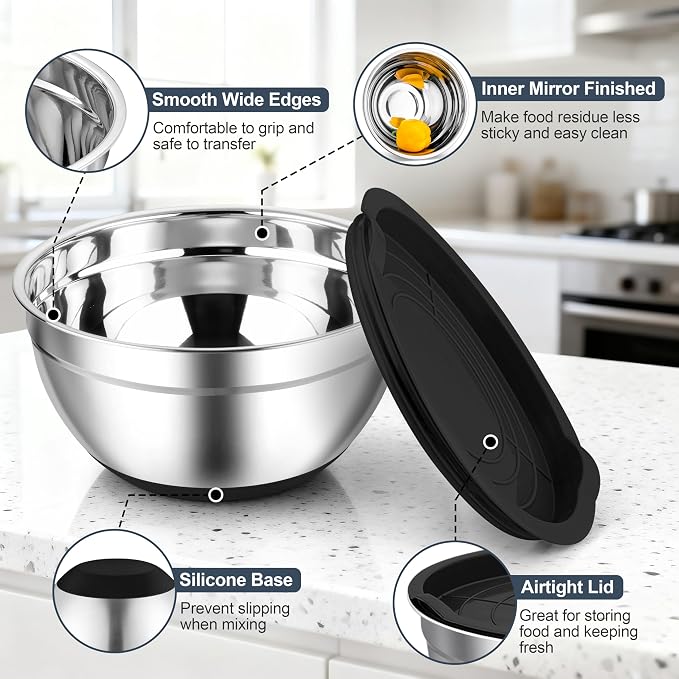 TeamFar Mixing Bowls, Black Mixing Bowls with Lids Set, Stainless Steel Nesting Salad Bowl with Air-tight Lid & Silicone Bottom, Non Slip & Stackable - Set of 6-4.6/2.6/2 / 1.5/1 / 0.7 Qt