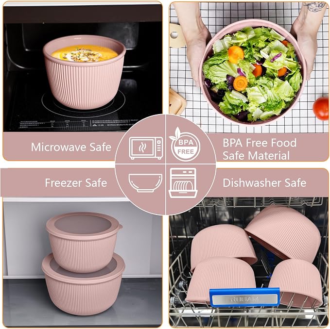 BoxedHome 4.97 Quarts Mixing Bowls with Lids Set, 4 Packs BPA-Free Plastic Prep Bowls for Kitchen, Dishwasher & Microwave Safe, Pink