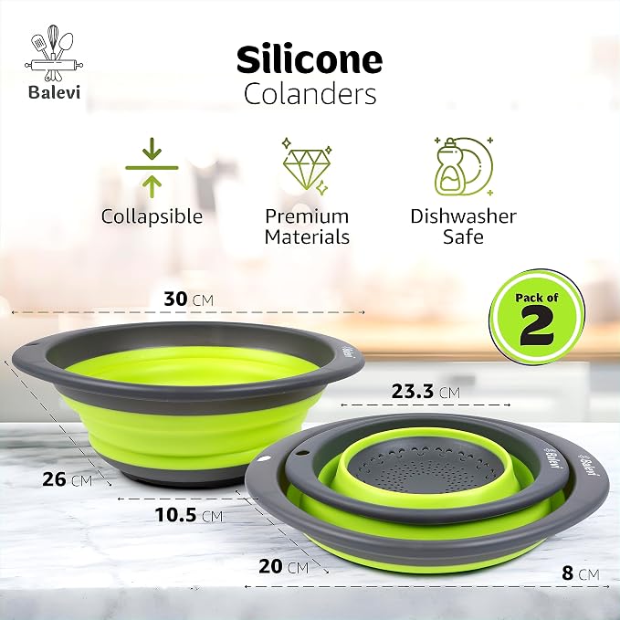 Collapsible Strainers for Kitchen, Green, Set of 2 | Silicone, Collapsible Colander, Little Pegs to Keep Food Elevated