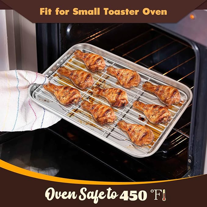 E-far Small Metal Toaster Oven Tray with Rack Set, 9.4”x7.3” Baking Sheet Broiling Pan with Stainless Steel Wire Cooling Rack, Non-Toxic Compact Bakeware for Toaster Oven - Dishwasher Safe