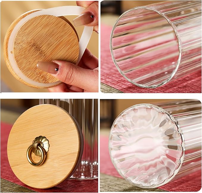 Glass Storage Jars Set of 5, Coffee Bar Canister with Airtight Bamboo Lid | Metal Ring, Ribbed Borosilicate Glass Container, Home Kitchen Pantry Storing Coffee, Candy, Sugar, Tea, Nuts, Oatmeal, Pasta