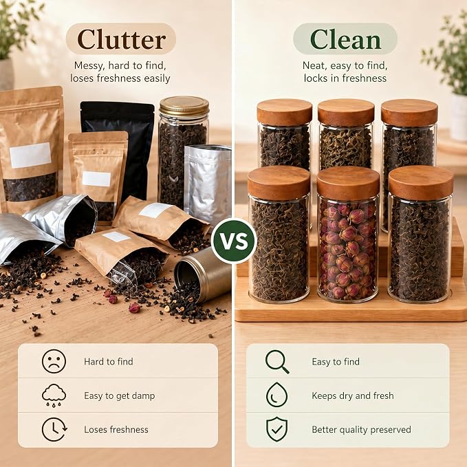 12 Pack 15oz Clear Tea Storage Containers with Airtight Lids 15oz Plastic Food Storage Jar with Acacia Wood Lids for Loose Tea Coffee Sugar Candy Herbs and Spices