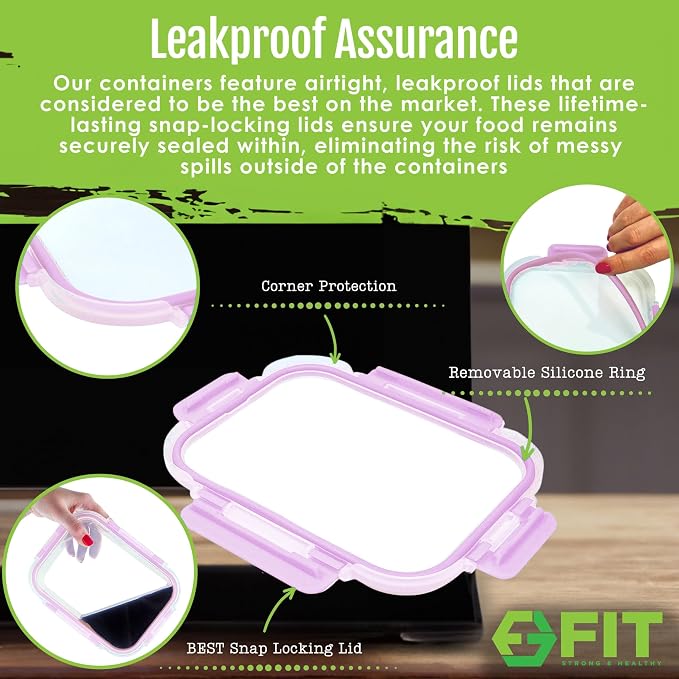 Glass Meal Prep Containers 2 & 3 Compartments with Lids 4 Pack 32 oz | Glass Food Storage Portion Control Bento Box, Airtight Leak Proof Lids, Microwave Oven Freezer Dishwasher Safe, Lavender
