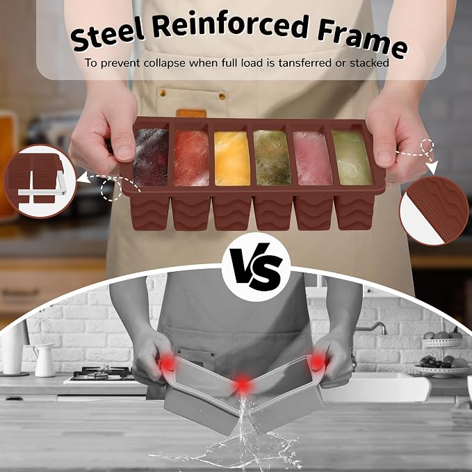 3-Pack Silicone Freezer Trays with Lid,2 Large 2-Cup(500ml)&4 Medium 1-Cup(250ml)&6 Small 1/2-Cup(125ml) Soup Freezer Container Molds,Ice Cube Tray For Meal Prep&Freezing Soup,Stews,Sauces (Iron Red)