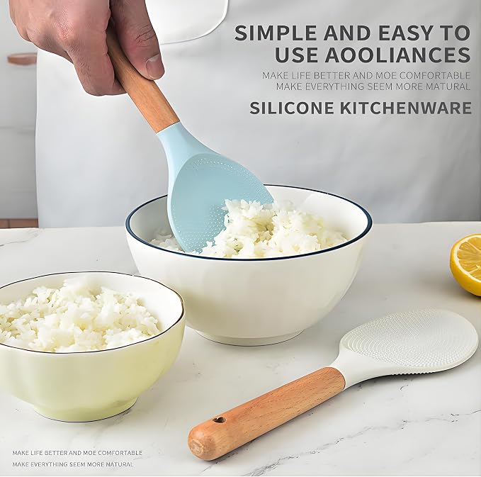 Spatula Spoon and Rice Spoons with Wooden Handle, Food Grade Silicone Great for Cooking, Mixing, Scooper, Scrape, Non stick Heat Resistant (white - Rice set 2 pcs)