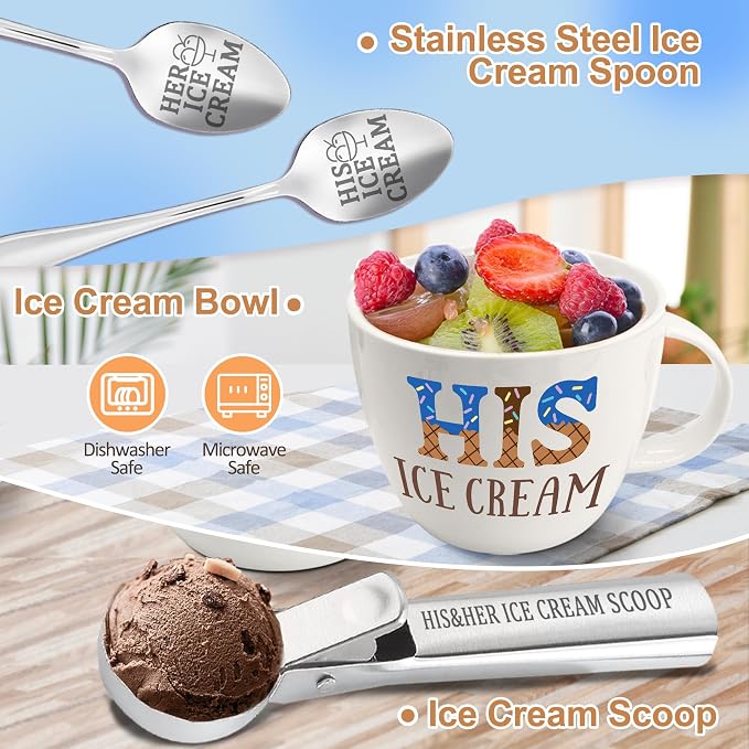 Anniversary Couple Gifts Ice Cream Bowls and Spoon Scoop Set, His And Hers Gifts, Wedding Engagement Gift for His Her, His Her Ice Cream Accessories Bowl Gift on Mothers Day, Christmas