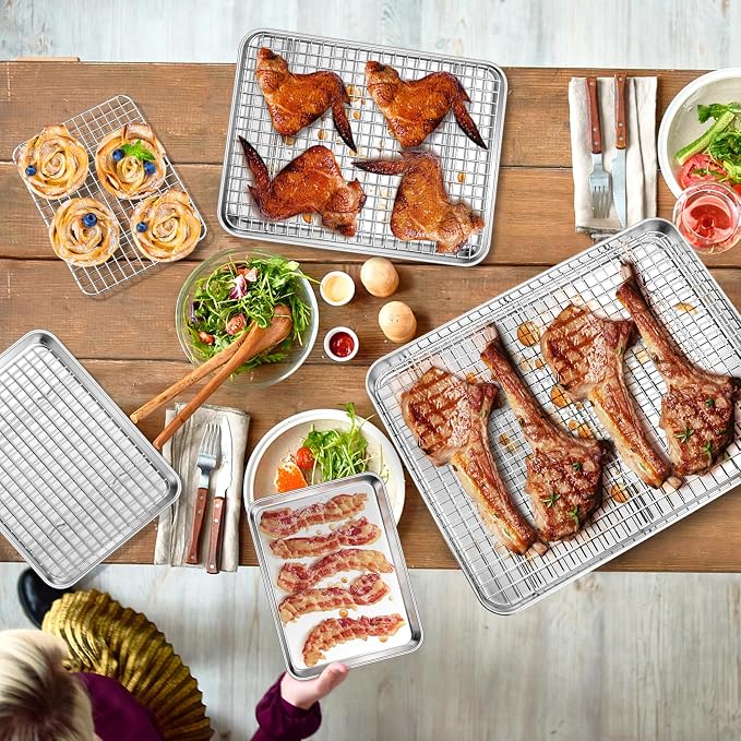 P&P CHEF 16 + 12.5 + 10.4 + 9 Inch Baking Sheet & Rack, Pan and Grid Rack | 8 Pcs (4x Cookie Sheets + 4x Cooling Racks), 4 Sizes, Stainless Steel Oven Pans Trays with Wire Racks, Oven & Dishwasher Safe