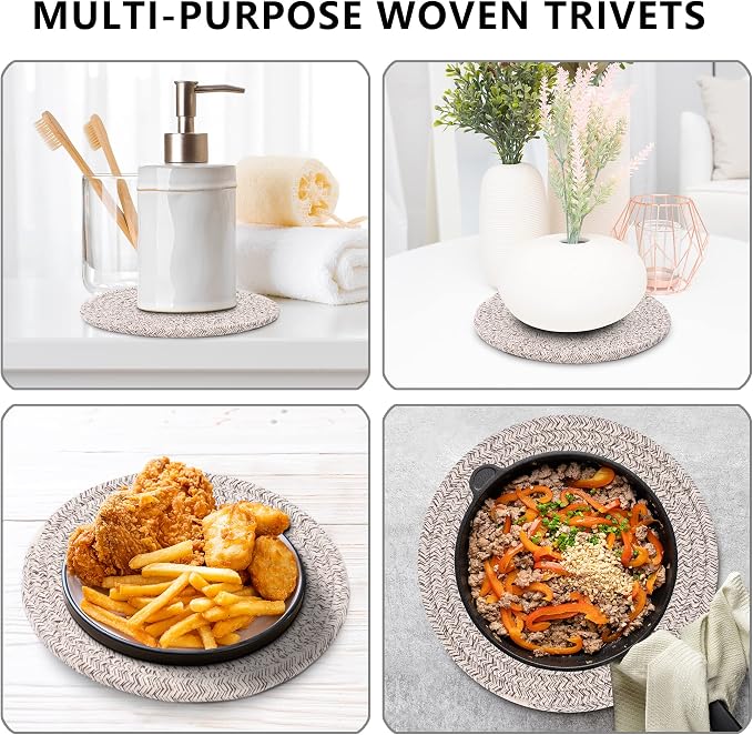 Coga Trivets for Hot Dishes, 5 Pack 7 Inch Cotton Hot Pads for Kitchen with Storage Basket, Round Pot Holders for Kitchen, Heat Resistant Mats for Countertop, Pots and Pans, Farmhouse Decor, Brown