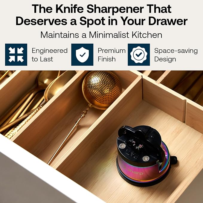 AnySharp – Chef – Hands Free Knife Sharpener - Easy to Use Sharpening Tool w/PowerGrip Suction Base and 20-Degree Pre-Set Angle - for All Knives: Chef's, Serrated, and Hardened Steel - Oil Slick