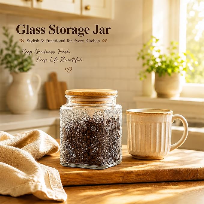 Glass Storage Jars With Airtight Lid, 23.7oz Canister For Kitchen Counter with Bamboo Lid, brown sugar, candy, coffee, cookie, salt, tea,pantry cute Jar (Square Sunflower)