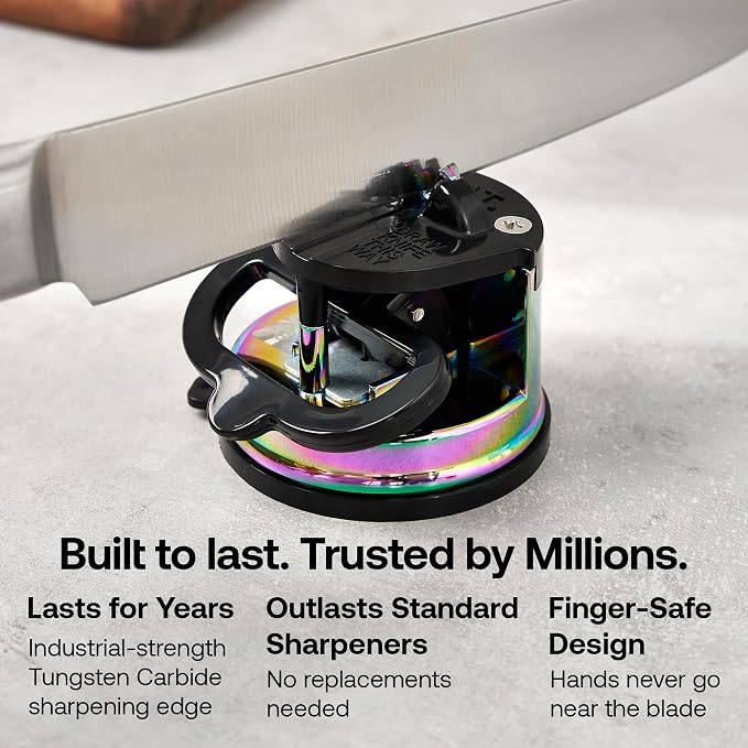 AnySharp – Chef – Hands Free Knife Sharpener - Easy to Use Sharpening Tool w/PowerGrip Suction Base and 20-Degree Pre-Set Angle - for All Knives: Chef's, Serrated, and Hardened Steel - Oil Slick
