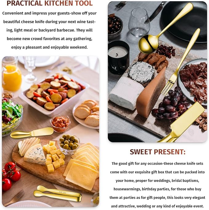 Patelai Charcuterie Board Accessories Cheese Spreader Knife Set Charcuterie Utensils Butter Knife Stainless Steel Mini Serving Tongs Spoons Appetizer Forks for Pastry(Golden,18 Pieces)