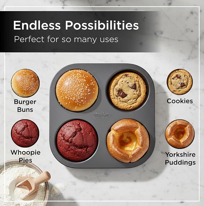 Wrenbury Jumbo Whoopie Pie Pan 4 Cup - Large Muffin Top Pan Heavy Gauge Shallow Carbon Steel Baking Tray for Burger Buns Yorkshire Pudding Cornbread - PFOA Free Nonstick