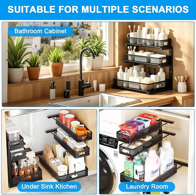 Thickened Meta 3-Tier Pull Out Under Sink Organizer 2 Pack | Height Adjustable Slide out Storage Drawer Rack for Kitchen Bathroom Home Organization| 35% More Storage Capacity