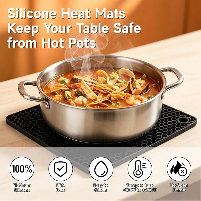 Silicone Trivets for Hot Dishes, Non-Slip Hot Pads for Kitchen Countertop Protector, Heat Resistant Mat for Hot Pots and Pans 4-Pack Food Grade Silicone Black