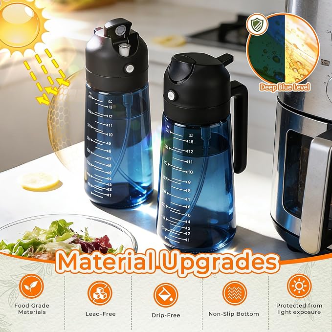 Glass Olive Oil Sprayer for Cooking (16oz/470ml), 2 in 1 Olive Oil Dispenser Bottle for Kitchen Gadgets and Air Fryer Accessories, Salad, BBQ - 1-Pack, Blue Black