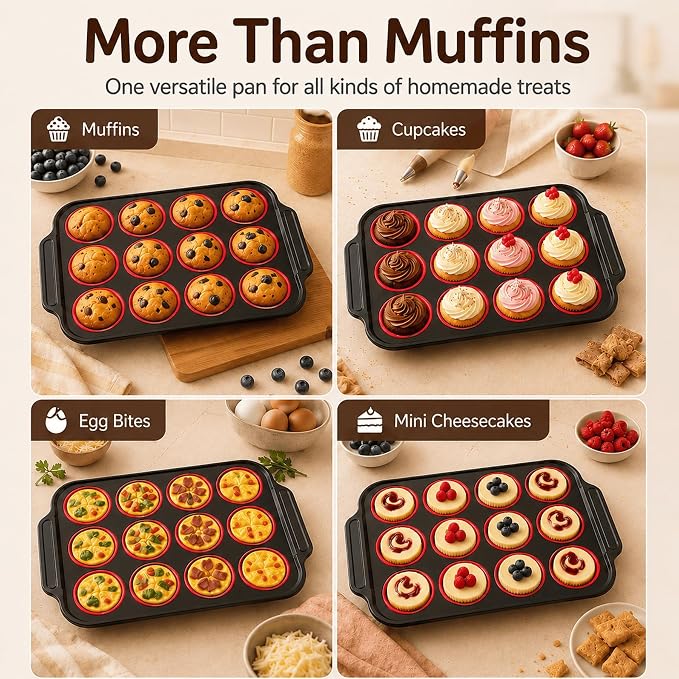 Silicone Muffin Pans for Baking, 12-Cup Muffin Tin with Metal Frame | Reinforced Metal Frame, 12-Cup Size, Easy Release Cups, Nonstick Silicone, Oven & Dishwasher Safe