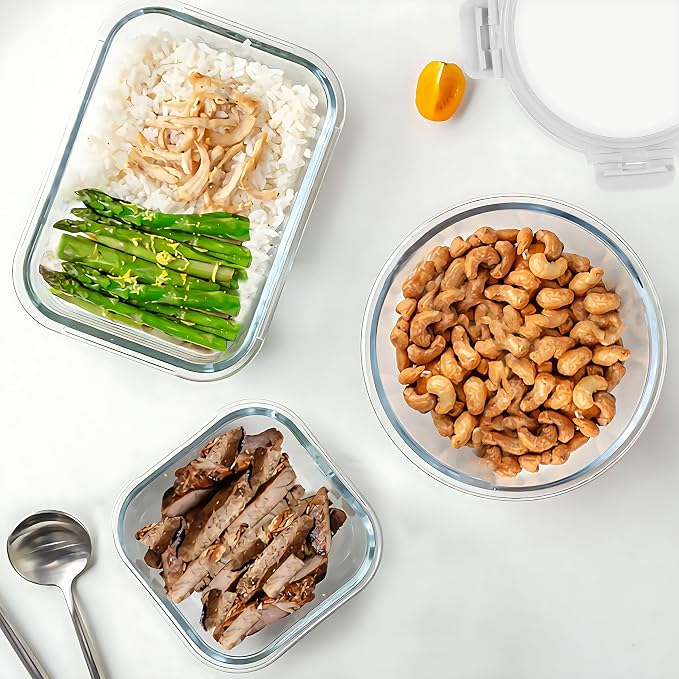 30 Pieces Glass Food Storage Containers Set, White | Glass Meal Prep Containers Set, Snap Locking Lids, Airtight Glass lunch Containers, Microwave, Oven, Freezer & Dishwasher