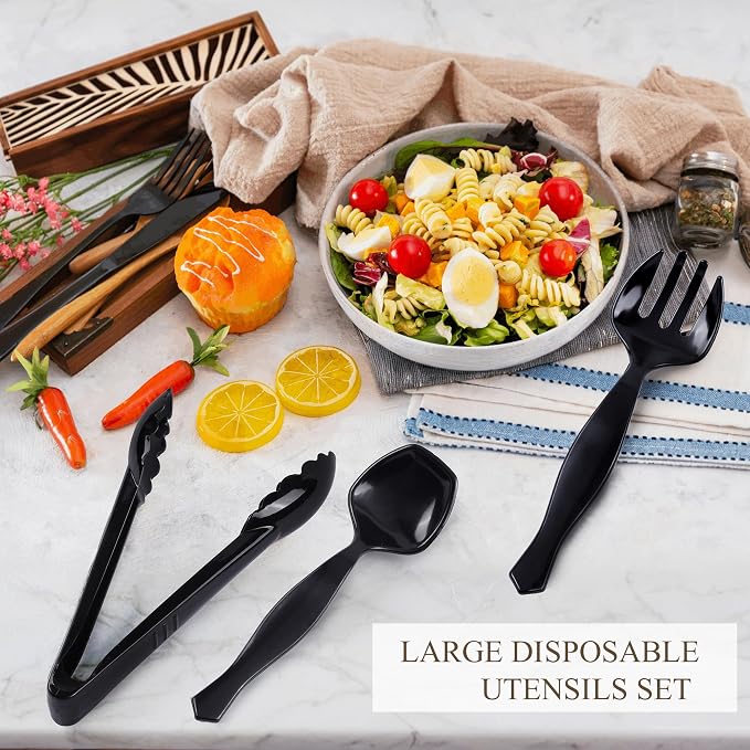 Mwellewm 72Pcs Plastic Serving Utensils Set Large Disposable Serving Spoons Fork and Tongs for Serving Food 8.5'' Heavy Duty Black Party Utensil Supplies for Buffet Restaurant Picnic Dinner Salad Soup