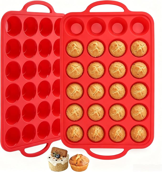 Redfly Silicone Mini Muffin Pans for Baking 24 Cup with Steel Frame Non-Stick,2Pack Small Cupcake Pan, Food Grade, Easy Release,Dishwasher Oven Freezer Microwave Safe for Muffin Tin Cake Pop Molds