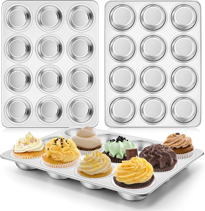 Homikit 3 Pack Muffin Pan, Stainless Steel Cupcake Tin with 12 Cups Regular Size, 13.8" x 10.4" Nonstick Metal Egg Bites Tray for Oven Baking, Non Toxic & Rust Free, Easy Release & Dishwasher Safe