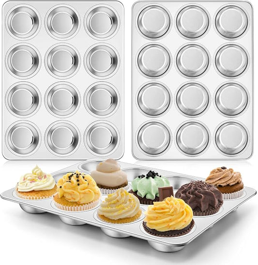 Homikit 3 Pack Muffin Pan, Stainless Steel Cupcake Tin with 12 Cups Regular Size, 13.8" x 10.4" Nonstick Metal Egg Bites Tray for Oven Baking, Non Toxic & Rust Free, Easy Release & Dishwasher Safe