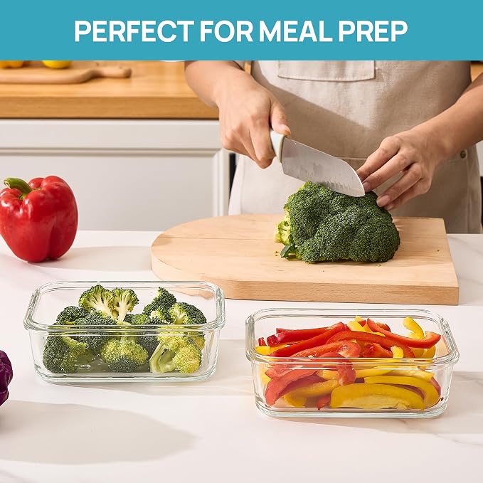 Vtopmart 2Pack 30oz Meal Prep Container Glass with Lids | Glass Food Storage Container Sets, Snap Airtight Lids, For Microwave, Oven, Freezer and Dishwasher, BPA Free