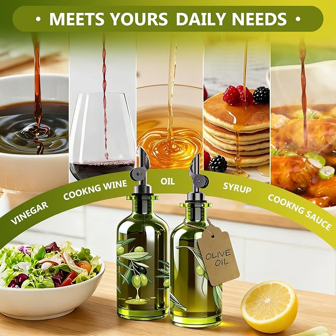 Olive Oil Dispenser Bottle for Kitchen, 12oz/350ml Extra Thick Glass Oil and Vinegar Cruet with Stainless Steel Pourer, Funnel & Cleaning Brush, Premium Oil Dispenser Set (Olive)
