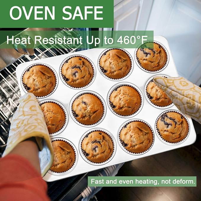 Herogo 2 Pack 12-Cup Stainless Steel Cupcake Pan Tin for Making Egg Muffin Quiches, Metal Muffin Tray Set for Baking, Mini Brownie, Regular Size & Easy Clean, Oven & Dishwasher Safe