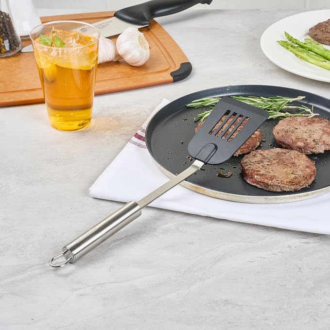 Restaurantware Nylon Slotted Turner - German Standard Kitchen Spatula with Stainless Steel Handle, Non-Stick Safe, Dishwasher Safe - Heat-Resistant Slotted Spatula for Eggs, Cookies, All Purpose