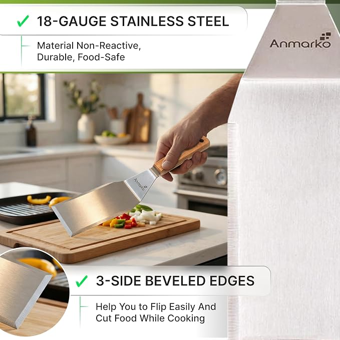 Anmarko Professional Metal Spatula with Wooden Handle, Stainless Steel Griddle Scraper, Commercial Grade Pancake Flipper