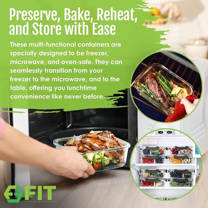 Glass Meal Prep Containers 2 and 3 Compartments, Leak-Proof, 32 oz, 4 Pack | Bento Box Lunch Containers Set, Food Storage Portion Control Snack Boxes, Airtight Lids, Dishwasher Oven Freezer Safe, Black