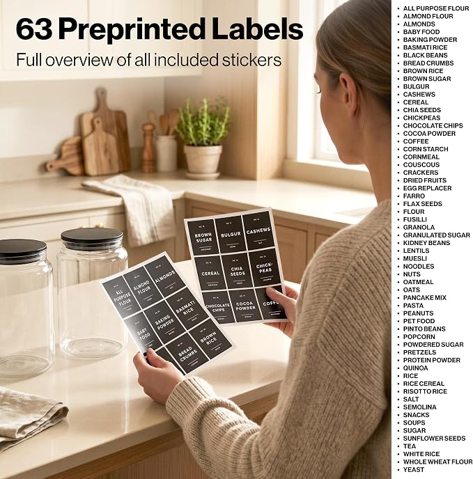 Glass Pantry Storage Jars Containers with Black Lids and Labels - Set of 2 | Extra Thick Round Glass Canisters with Black Lids and 63 Pre-printed Pantry Labels keeps dry Goods Fresh and Organized