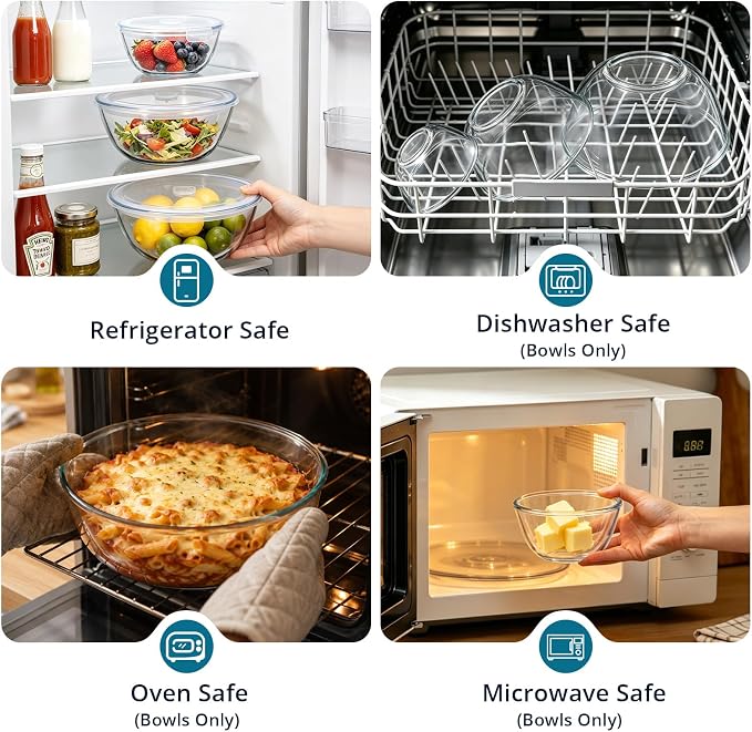 E-far Glass Mixing Bowls with Airtight Lids Set for Cooking Prep Serving | Thick Glass Salad Bowls, Large Clear Nesting Bowls for Storage Sourdough Proofing, Dishwasher Safe, 4.8,2.9,0.8 Qt, 3 Pack