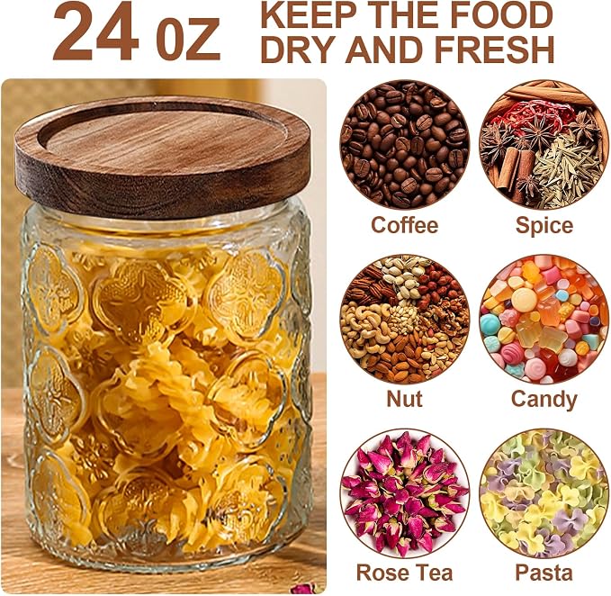 6-Pack 24 OZ Vintage Glass Jar with Lid, Airtight Food Storage Canisters with Bamboo for Kitchen Counter Pantry, Ideal for Coffee, Candy, Tea, Oats, Sugar, Cookies Decorative Jars
