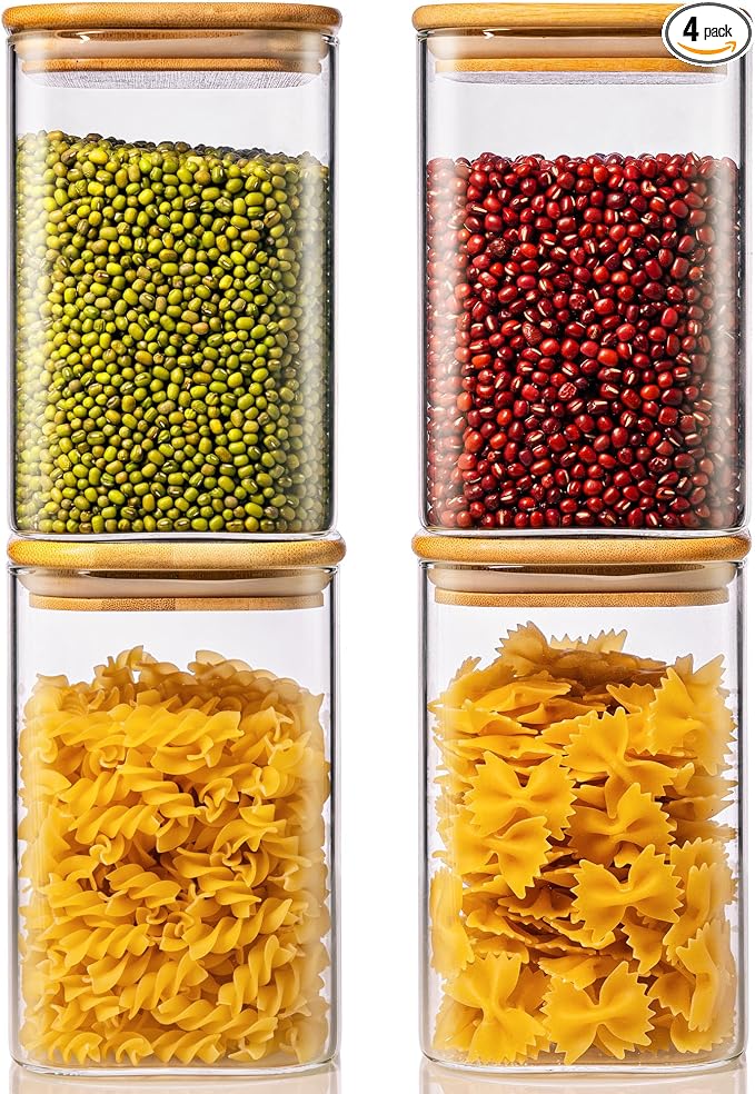 42 oz Square Glass Food Storage Containers with Airtight Bamboo Lids, 4Pack | Pantry Jars for Flour, Sugar, Pasta & Spices, Durable Borosilicate Glass Canister Keep Food Dry & Fresh, Easy to Fill & Clean
