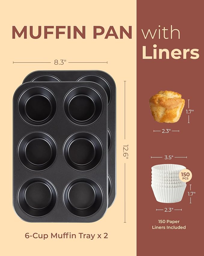CARTMAN 2-Pack Jumbo Muffin Pan with 150 Liners, 12.6" x 8.3", Nonstick | 6-Cup, 3.5" XL Cups, Bonus Liners, Carbon Steel, PTFE-Free, 450°F Oven Safe, Extra Large Muffin Pan, XL Treats, Egg Bites