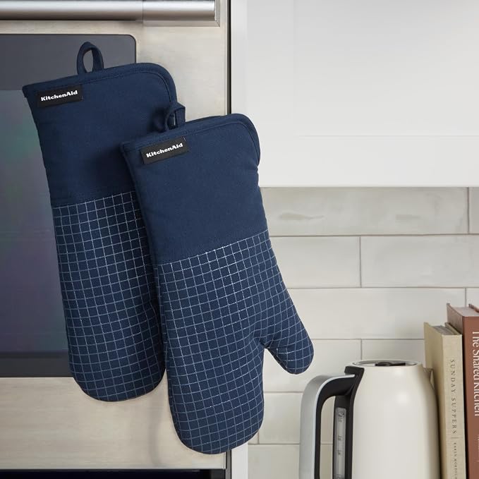 KITCHENAID Gourmet Series Gridlines Oven Mitts 2-Pack Set, Heat Resistant up to 600°F, Soft Silicone Grip, Magnetic Cuff, Ink Blue, 7"x14"
