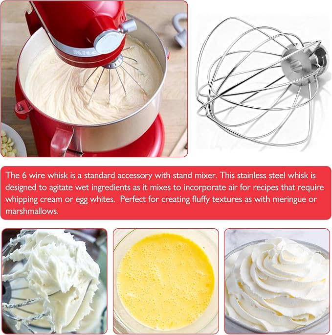 Wiselet Stainless Steel Wire Whip Attachment Compatible with KitchenAid 6 Quart Bowl-Lift Stand Mixer, Food-Grade 18/8 Whisk Replacement for KP26, KSM55, KV25, KT26, Dishwasher Safe, Heavy Duty