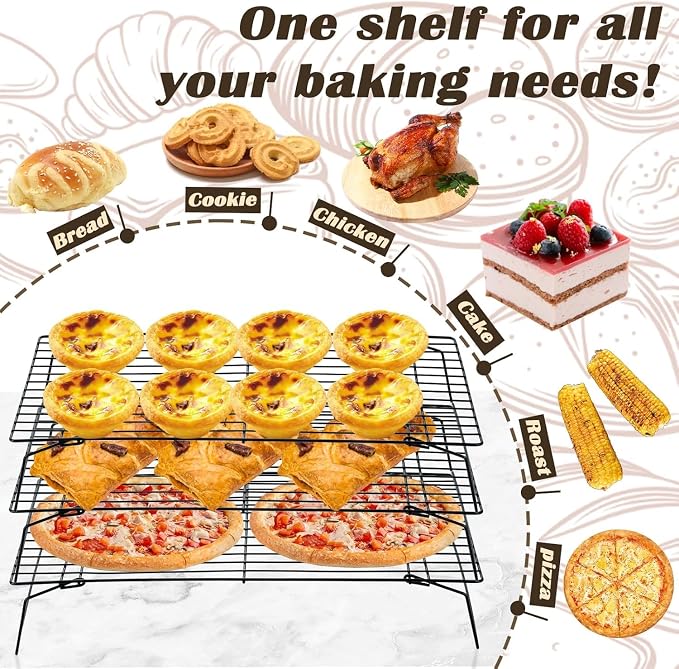 Pleafind Stackable Cooling Rack Set - 3 Pieces 16 x 10 Inch Stainless Steel Roasting Rack, Heavy Duty Cooling Racks for Cooking and Baking, Oven and Dishwasher Safe Bacon Rack, Black