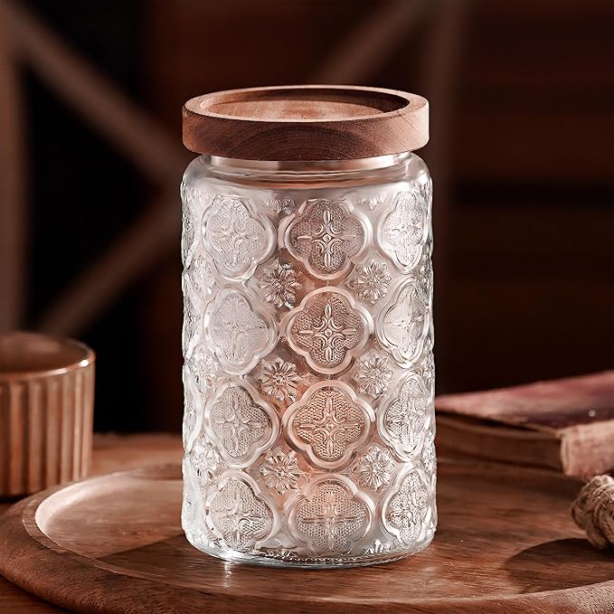 Glass Storage Jars With Airtight Lid, 23.7oz Container For Kitchen Counter with Wooden Lid, brown sugar, candy, coffee, cookie, salt, tea, cute Jar (35oz Large Begonia Flowers)