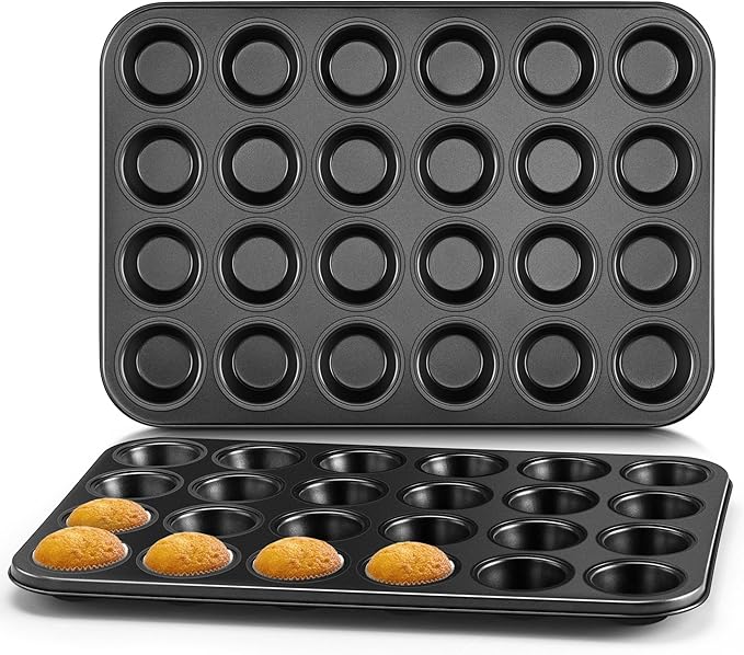 E-far 24-Cup Mini Muffin Pan, 2-Pack Nonstick Carbon Steel Cupcake Pans | Muffin Tins for Baking Mini Muffins & Cupcakes, Warp-Free for Even Baking & Easy Release, Oven Safe