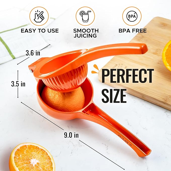 Zulay Kitchen Premium Metal Orange Squeezer – Heavy-Duty Manual Citrus Juicer for Maximum Juice Extraction – Ergonomic, Easy to Clean, Dishwasher Safe (Orange)
