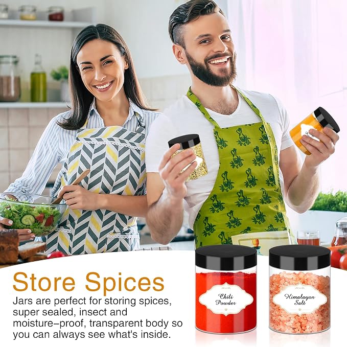 PeacePeo 8 OZ Plastic Jars with Lids, 48 Pcs Slime Storage Containers | Wide-Mouth Round Clear Jars, Black Secure Lid, Lightweight and Portable, for Pantry, Cabinet and Countertop Organization