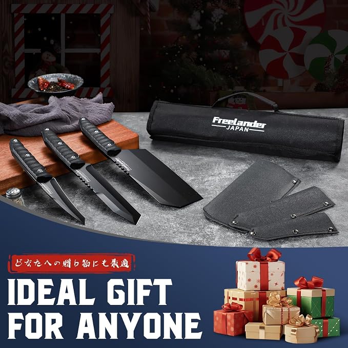 Freelander 3PCS Butcher Knife Set for Meat Cutting, Sharp Chef Knife Set Dishwasher Safe with Roll Bag, Full Tang BBQ Knifes with Leather Sheath, Gifts for Men Women