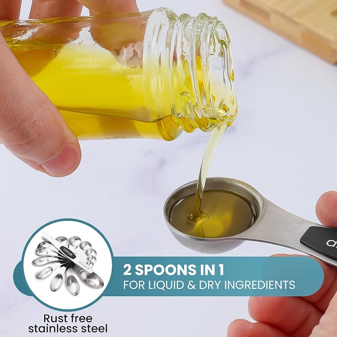 Zulay Stainless Steel Measuring Spoon Set - Stackable Magnetic Spoon Measuring Set - Magnetic Measuring Spoon Set of 8 with Leveler - Made with Strong N45 Magnets & 304 Stainless Steel - Black