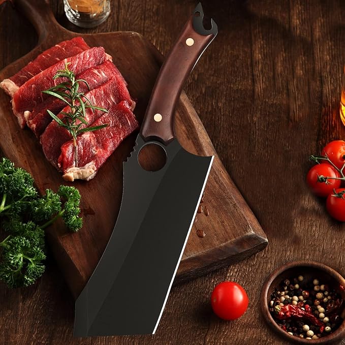 Dream Reach Meat Cleaver, 6.9 inch Black Boning Knife, High Carbon Steel Sharp Kitchen Forged In Fire Knife with Sheath Gift Box Bottle Opener for Outdoor Camping, Christmas Gifts for Men Women